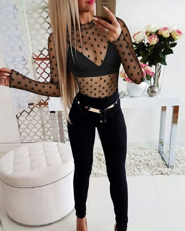 Women's Romantic T-Shirt 2025 Spring Summer Latest Polka Dot Ruffle Neckline See Through Top Sexy Blouses Tight Long Sleeved Top