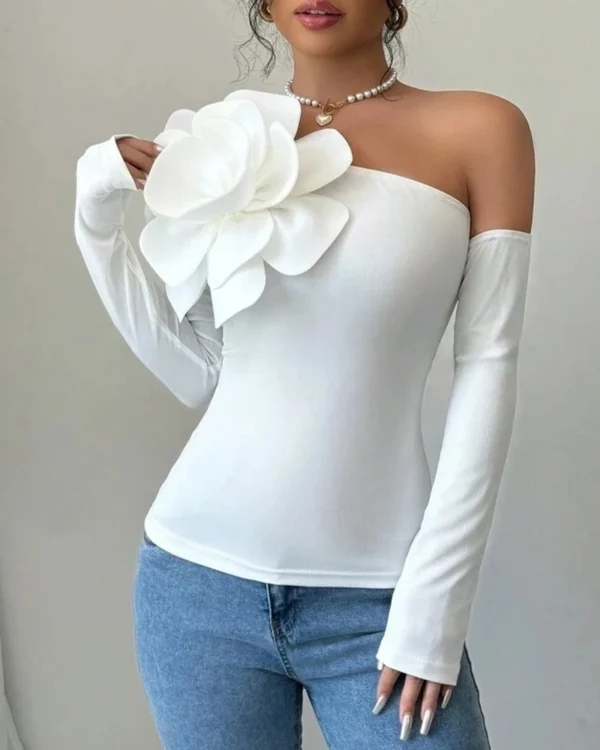 Women's Elegant Shirt 2025 Autumn winter Latest 3D Large Flower Single Shoulder Long Sleeve Top Urban Solid Color Tight Blouses