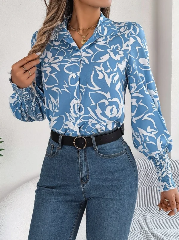 Women's Shirt Tops Elegant Trendy Contrast Abstract flower print Turn-down Collar Lantern Long Sleeve Blouse Basic Loose Shirt