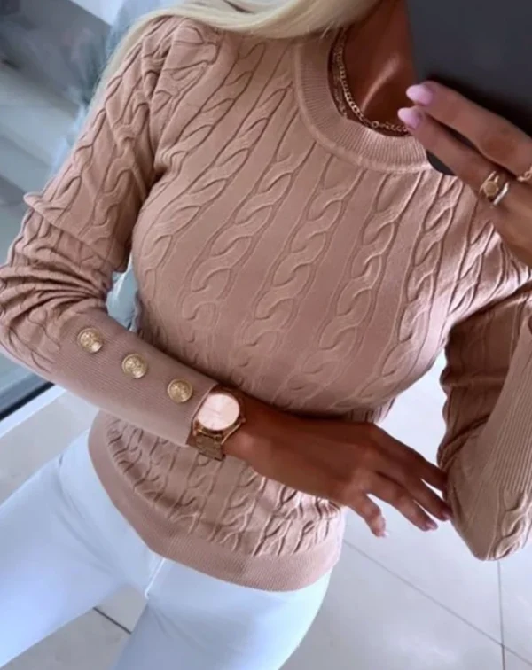 Women 2025 New Autumn Winter Warm Sweaters Casual O-Neck Long Sleeve Buttoned Braided Slim Knit Top Fashion Elegant Pullover